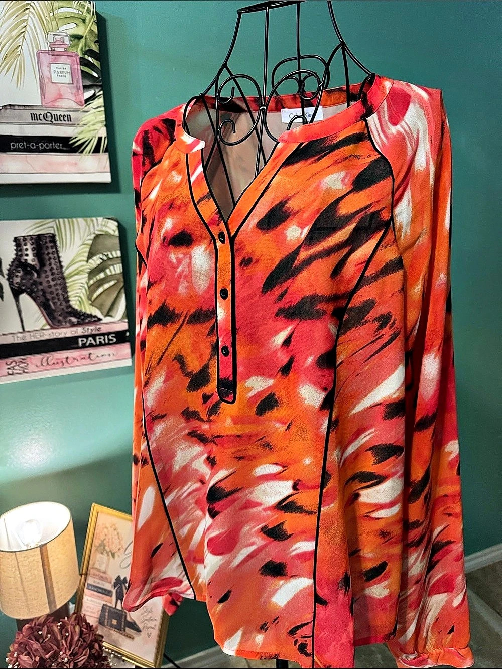 Calvin Klein Orange Pink Abstract Chiffon V Neck Tunic Blouse